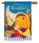 Cornucopia with Checks Thanksgiving Linen Banner - Flagladyusa