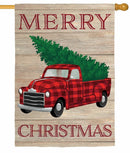 Merry Christmas Plaid Truck Linen Banner - Flagladyusa