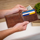 Ohio State University, Embossed 100% Genuine Tumbled Leather Passcase Bi - Fold Wallet, Brown - Flagladyusa